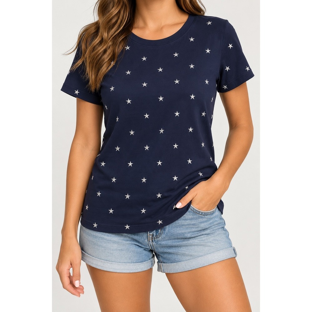 Liz Claiborne Lizsport Navy Blue Embroidered Star Cotton T-Shirt Small